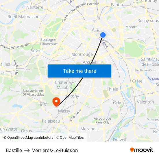Bastille to Verrieres-Le-Buisson map