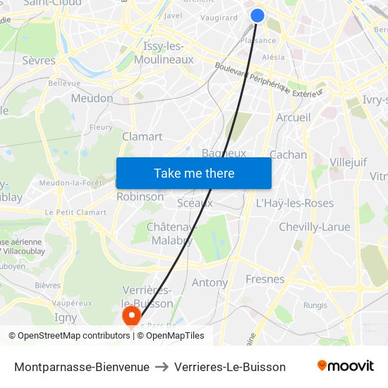Montparnasse-Bienvenue to Verrieres-Le-Buisson map
