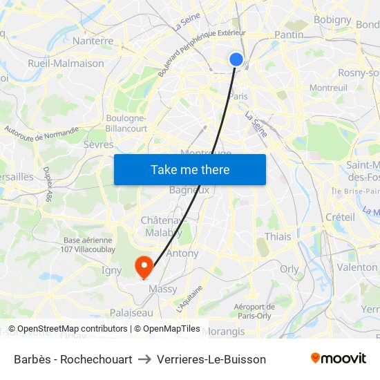 Barbès - Rochechouart to Verrieres-Le-Buisson map