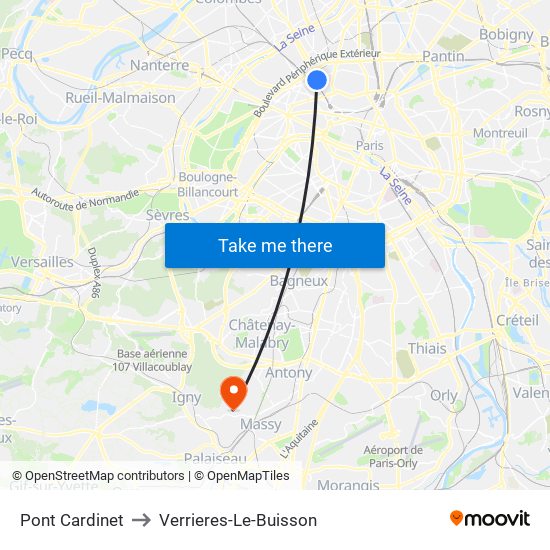 Pont Cardinet to Verrieres-Le-Buisson map