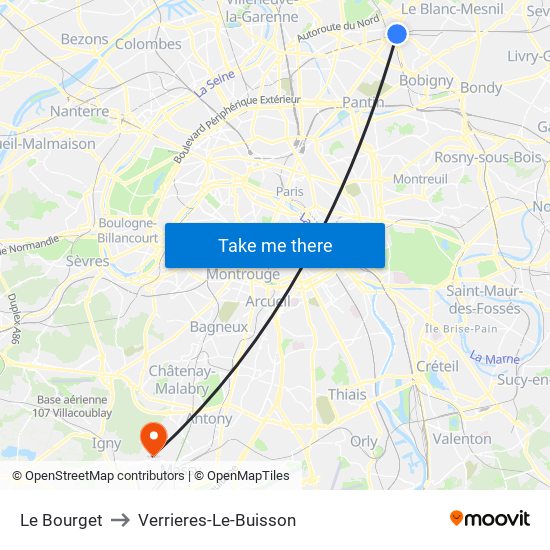 Le Bourget to Verrieres-Le-Buisson map