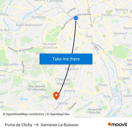 Porte de Clichy to Verrieres-Le-Buisson map