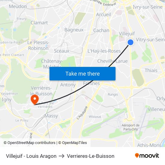 Villejuif - Louis Aragon to Verrieres-Le-Buisson map