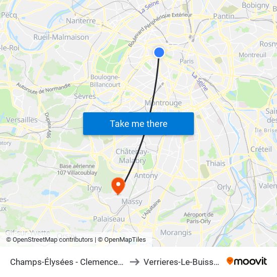 Champs-Élysées - Clemenceau to Verrieres-Le-Buisson map