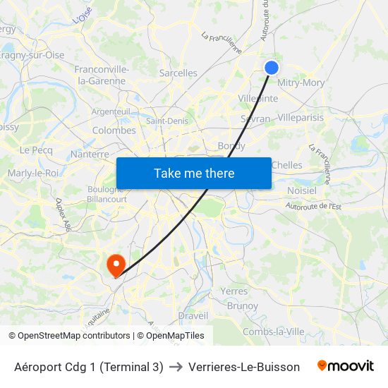 Aéroport Cdg 1 (Terminal 3) to Verrieres-Le-Buisson map