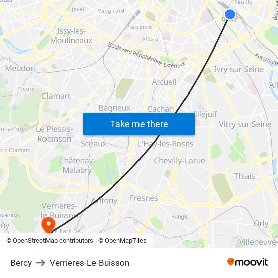 Bercy to Verrieres-Le-Buisson map