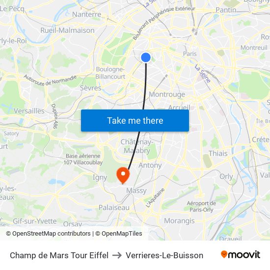 Champ de Mars Tour Eiffel to Verrieres-Le-Buisson map