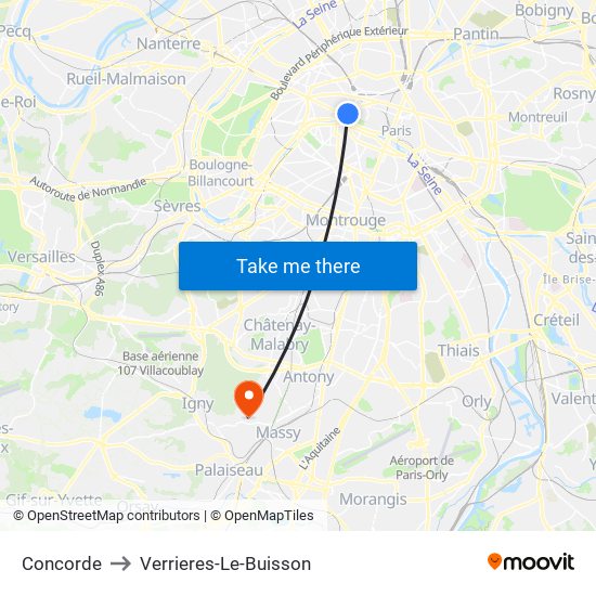 Concorde to Verrieres-Le-Buisson map