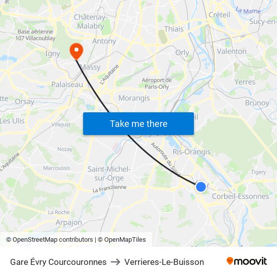 Gare Évry Courcouronnes to Verrieres-Le-Buisson map