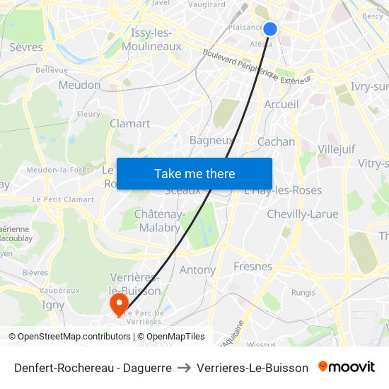 Denfert-Rochereau - Daguerre to Verrieres-Le-Buisson map