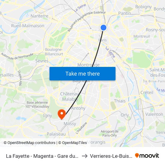 La Fayette - Magenta - Gare du Nord to Verrieres-Le-Buisson map