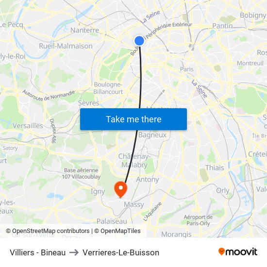 Villiers - Bineau to Verrieres-Le-Buisson map