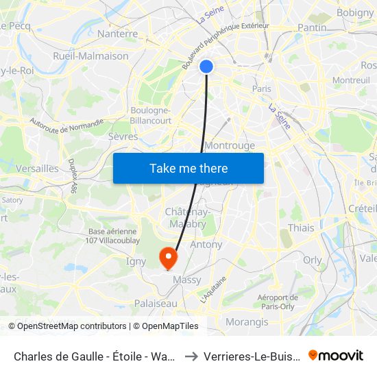 Charles de Gaulle - Étoile - Wagram to Verrieres-Le-Buisson map