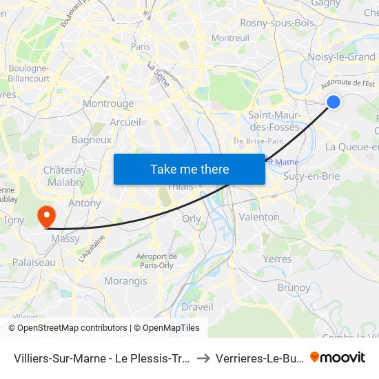Villiers-Sur-Marne - Le Plessis-Trévise RER to Verrieres-Le-Buisson map