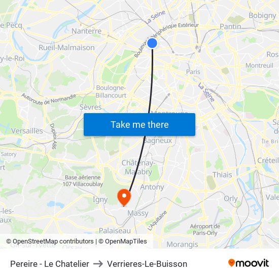 Pereire - Le Chatelier to Verrieres-Le-Buisson map