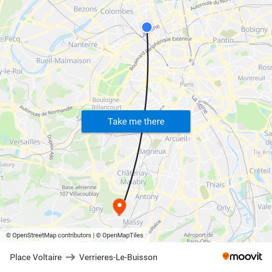 Place Voltaire to Verrieres-Le-Buisson map