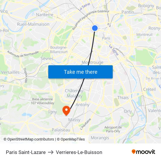 Paris Saint-Lazare to Verrieres-Le-Buisson map