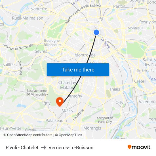 Rivoli - Châtelet to Verrieres-Le-Buisson map