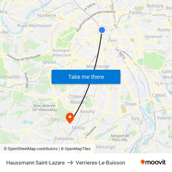 Haussmann Saint-Lazare to Verrieres-Le-Buisson map