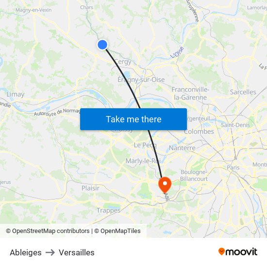 Ableiges to Versailles map
