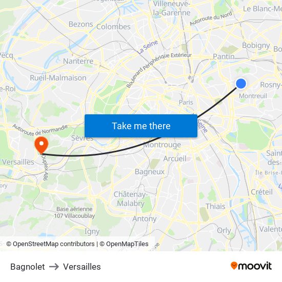 Bagnolet to Versailles map