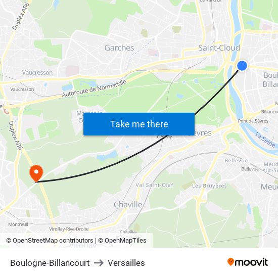 Boulogne-Billancourt to Versailles map