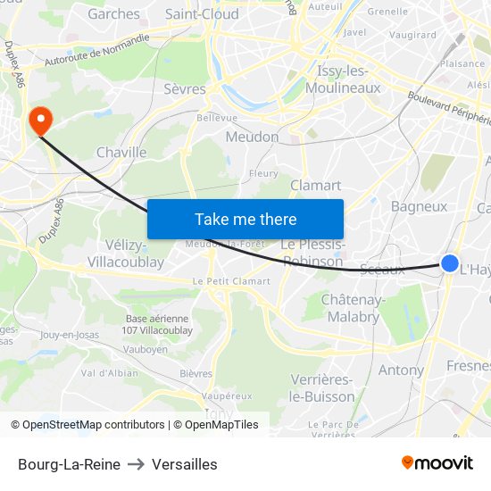 Bourg-La-Reine to Versailles map