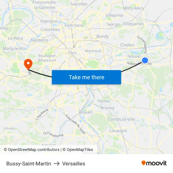Bussy-Saint-Martin to Versailles map