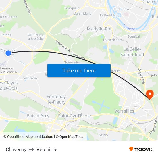 Chavenay to Versailles map