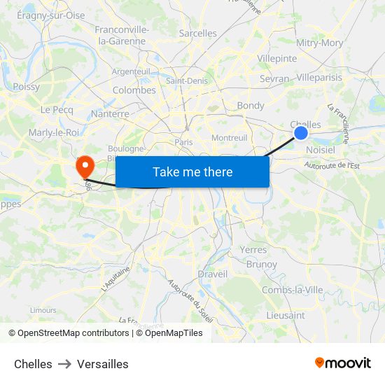 Chelles to Versailles map