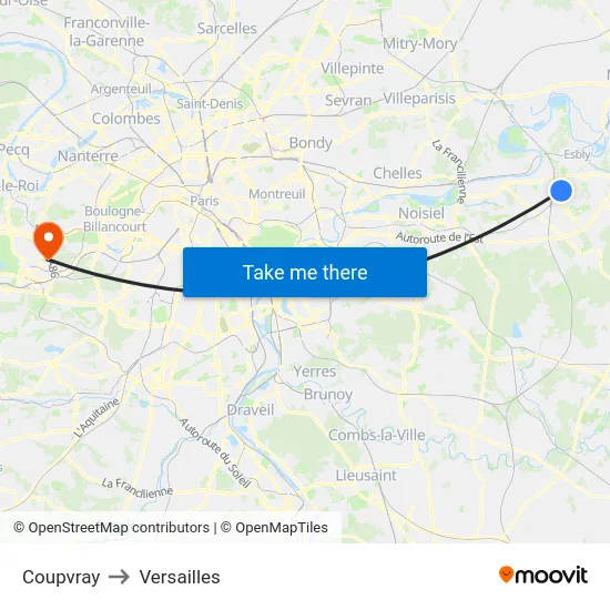 Coupvray to Versailles map