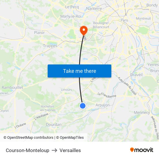 Courson-Monteloup to Versailles map
