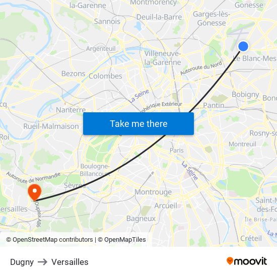 Dugny to Versailles map