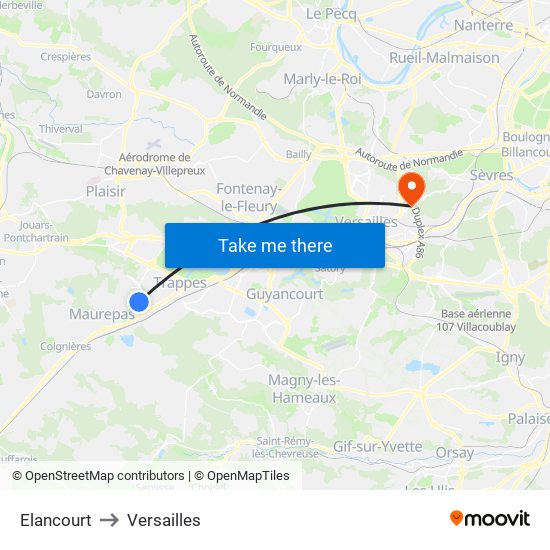 Elancourt to Versailles map