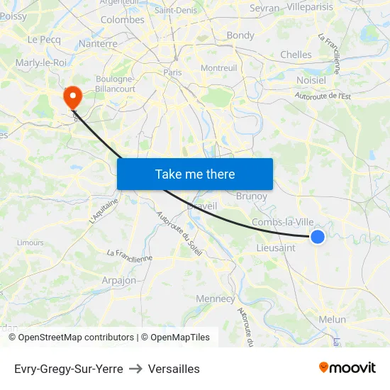 Evry-Gregy-Sur-Yerre to Versailles map