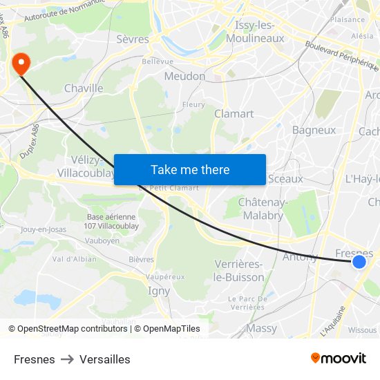 Fresnes to Versailles map