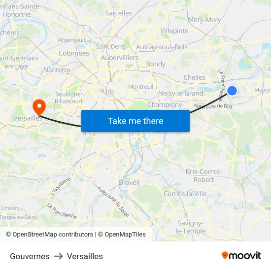 Gouvernes to Versailles map