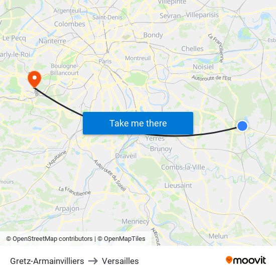Gretz-Armainvilliers to Versailles map