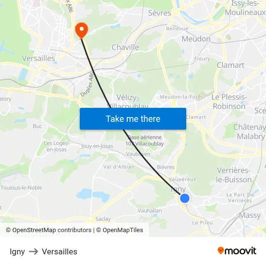 Igny to Versailles map
