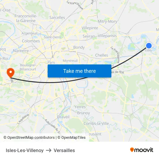Isles-Les-Villenoy to Versailles map