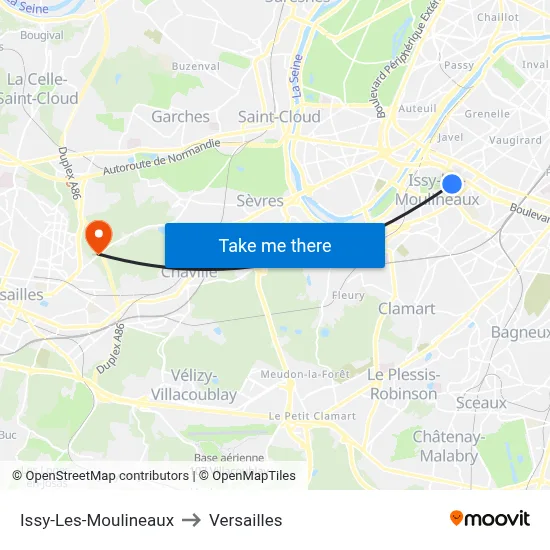 Issy-Les-Moulineaux to Versailles map