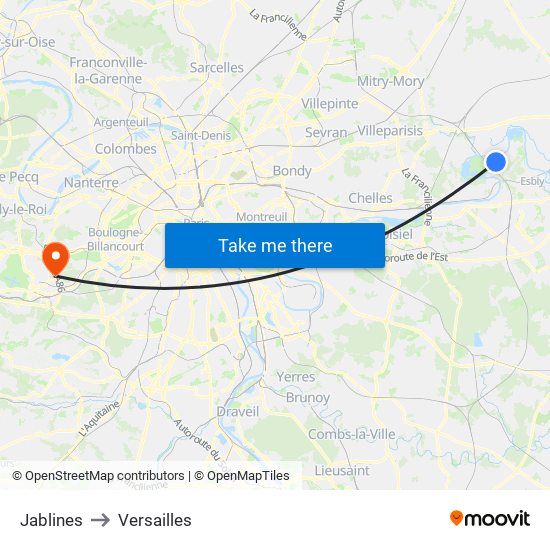 Jablines to Versailles map