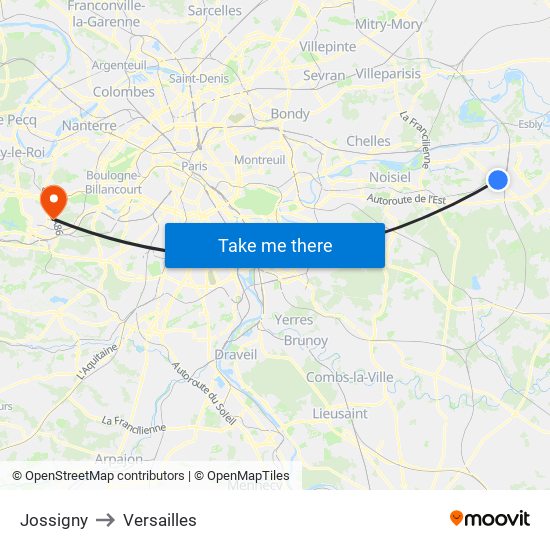 Jossigny to Versailles map