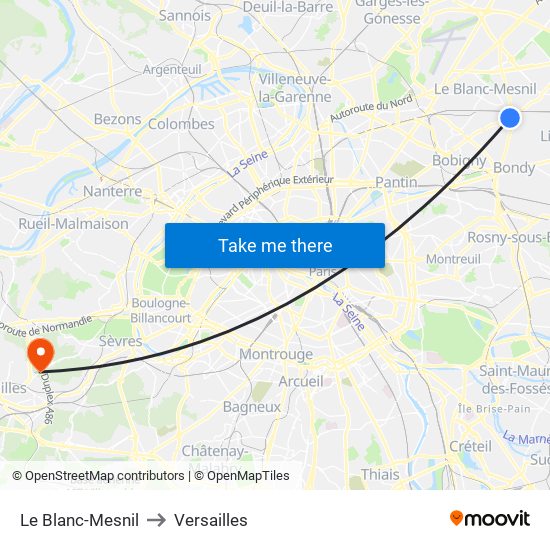 Le Blanc-Mesnil to Versailles map