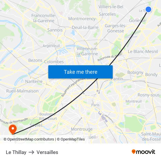 Le Thillay to Versailles map