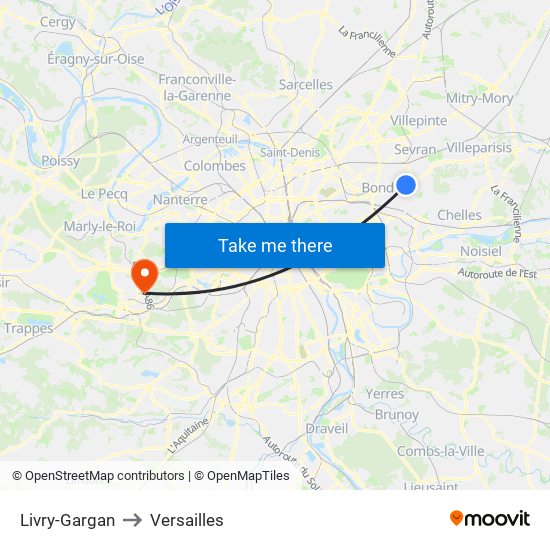 Livry-Gargan to Versailles map