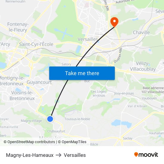 Magny-Les-Hameaux to Versailles map