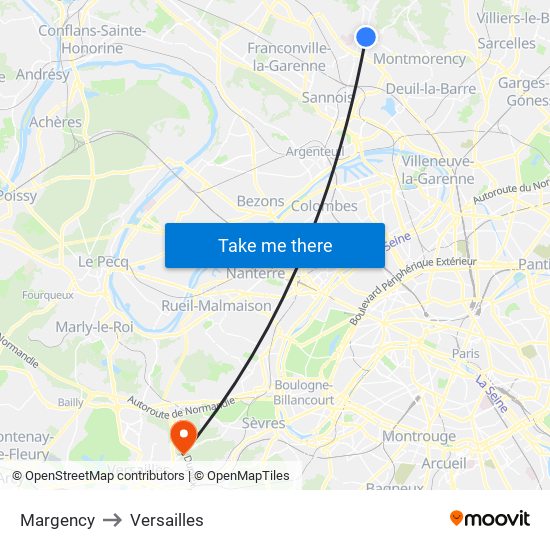 Margency to Versailles map