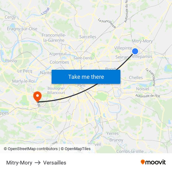 Mitry-Mory to Versailles map