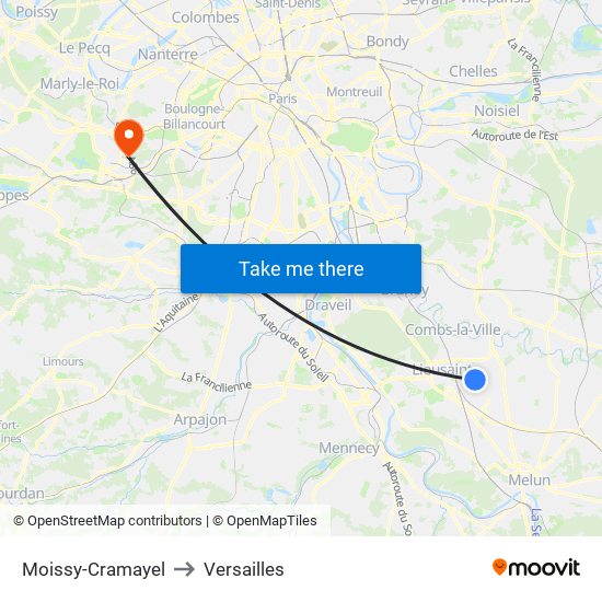 Moissy-Cramayel to Versailles map